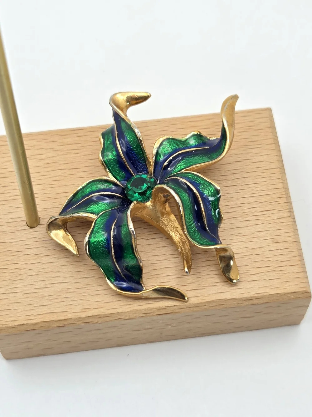 Vintage 3D Enamel Orchid Flower Brooch Blue Green Rhinestone Dimensional Pin